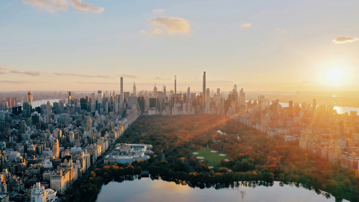 Aerial view of Central Park and Manhattan skyline at golden hour