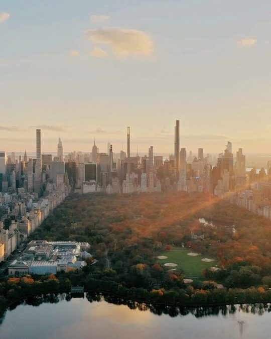 Central Park and the Manhattan skyline from above at golden hour
